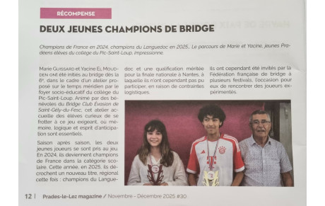 Nos jeunes champions du club, Marie et Yacine sont à l'honneur dans la gazette de Prades le Lez